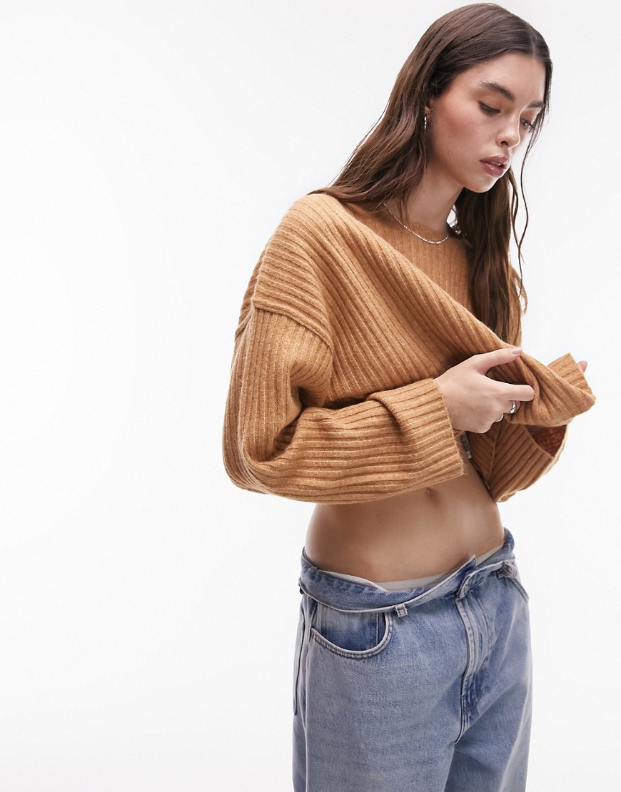 knitted rib crop crew sweater-Neutral