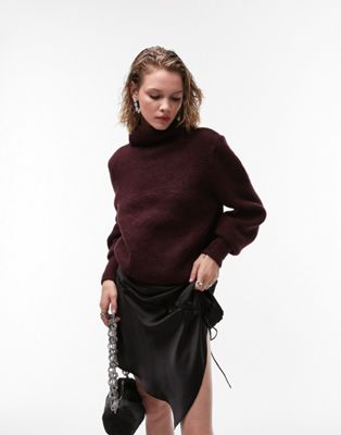 Topshop knitted rib crop jumper with roll neck in burgundy