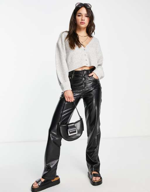 Topshop knitted rib cropped cardi in gray heather, 4 of 4