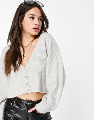 Topshop knitted rib cropped cardi in grey marl