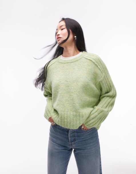 Topshop knitted rib detail crew relaxed jumper in light green - view 1