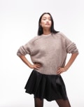 [Topshop] Topshop knitted rib detail crew relaxed jumper in mushroom-Neutral M Mushroom