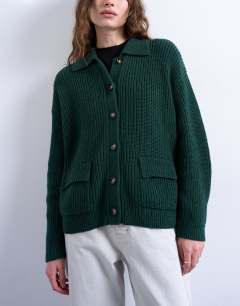 Knitted rib double pocket jacket in green