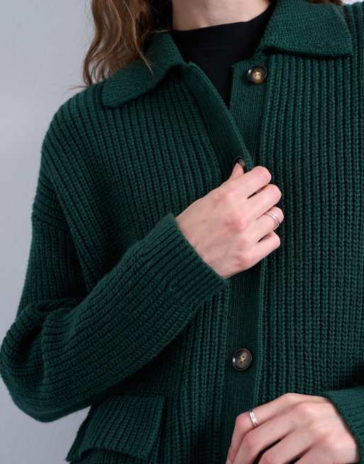 Topshop knitted rib double pocket jacket in green, 4 of 4
