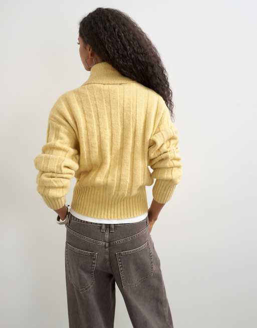 Topshop knitted rib funnel neck jumper in eggnog, 3 of 4