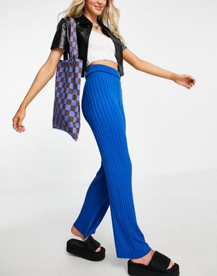 Topshop knitted rib trouser  in blue