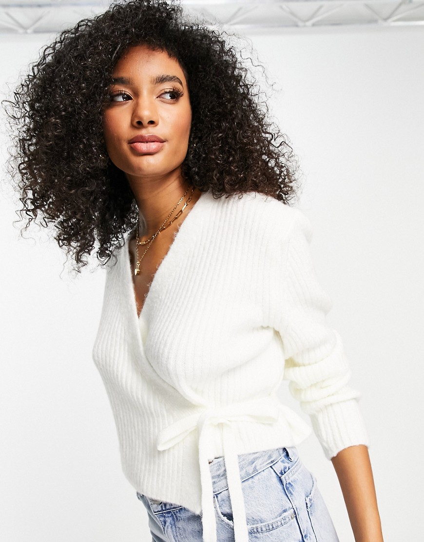 Topshop knitted rib wrap sweater in ecru-White