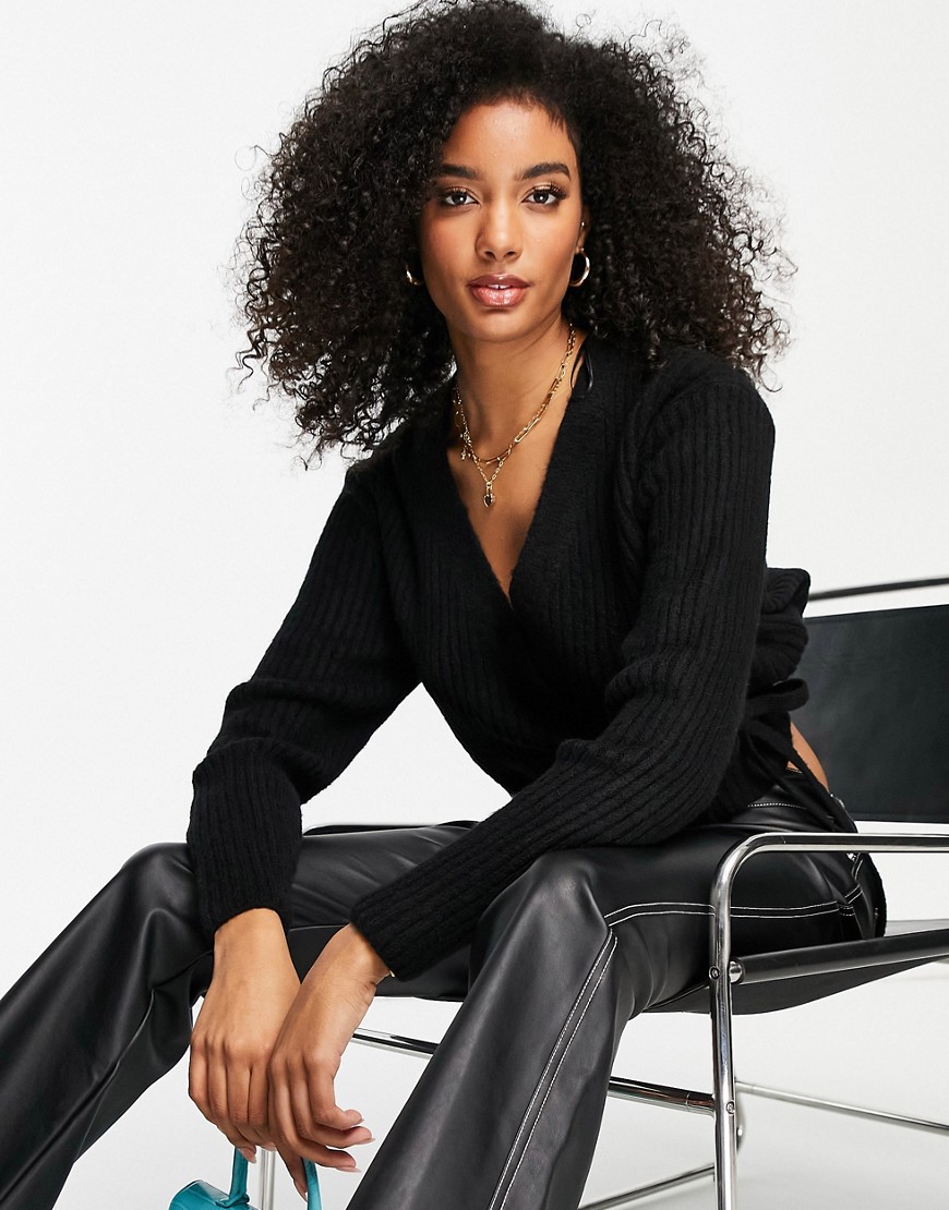 Topshop knitted rib wrap top in black