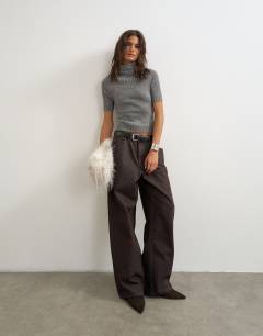 Model wearing Knitted rib yoke funnel neck top in grey