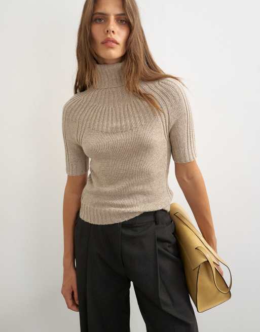Topshop knitted rib yoke funnel neck top in oat, 4 of 4