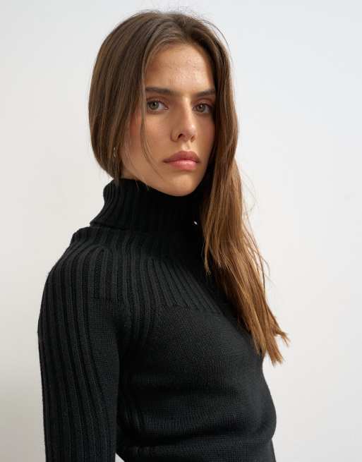 Topshop knitted rib yoke long sleeve top in black, 2 of 4