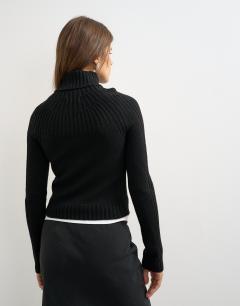 Model wearing Knitted rib yoke long sleeve top in black