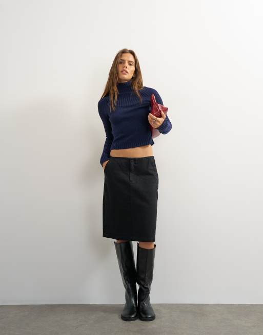 Topshop knitted rib yoke long sleeve top in navy, 3 of 4