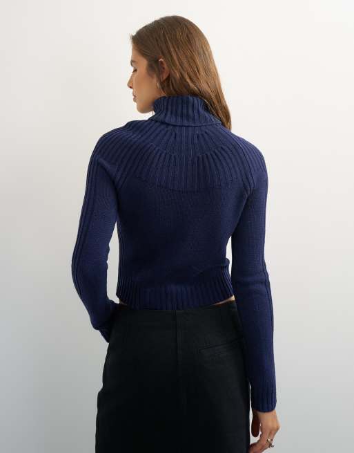 Topshop knitted rib yoke long sleeve top in navy, 4 of 4