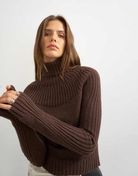 Topshop knitted rib yoke long sleeve top in pecan - view 1