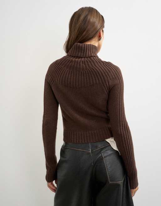 Topshop knitted rib yoke long sleeve top in pecan, 4 of 4