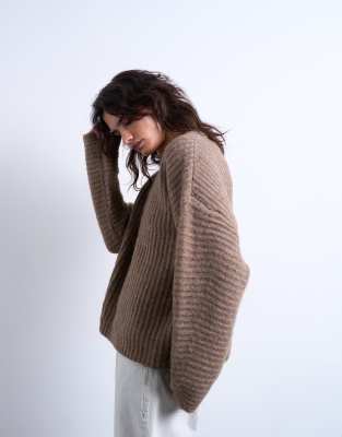 Knitted ribbed balloon sleeve jumper in brown