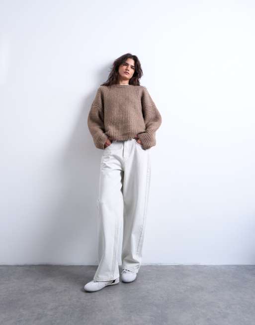 Topshop knitted ribbed balloon sleeve jumper in brown, 2 of 4