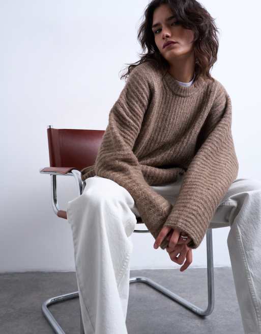 Topshop knitted ribbed balloon sleeve jumper in brown, 4 of 4