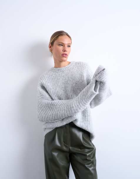 Topshop knitted ribbed balloon sleeve jumper in grey - view 1