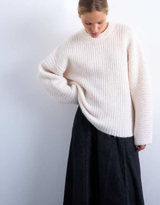 Topshop knitted ribbed balloon sleeve jumper in ivory, 3 of 4