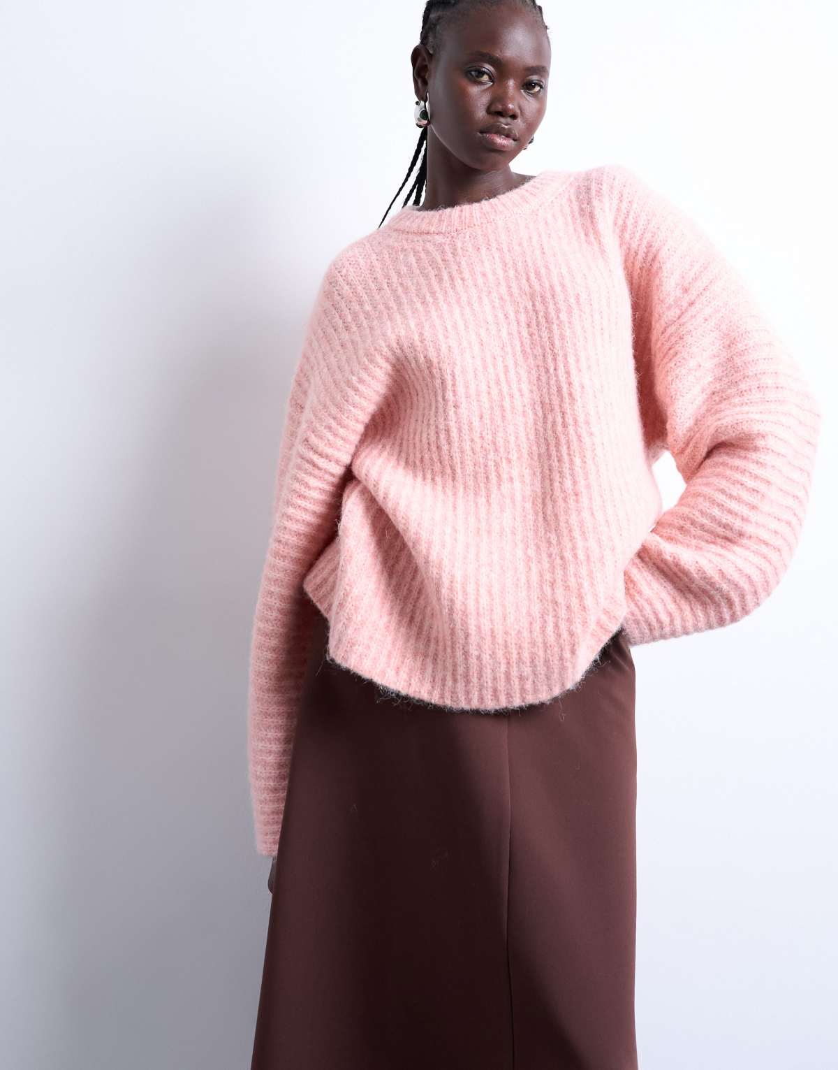 Topshop knitted ribbed balloon sleeve jumper in pink