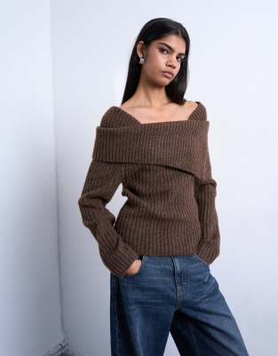 Topshop Women's Chocolate Knitted Ribbed Bardot In -Brown