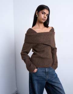Knitted ribbed bardot in chocolate