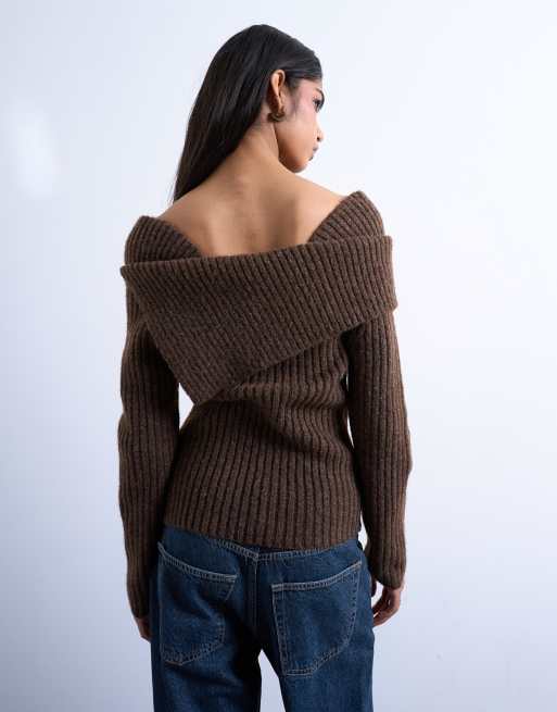 Topshop knitted ribbed bardot in chocolate, 3 of 4