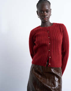 Knitted ribbed button crew cardigan in red