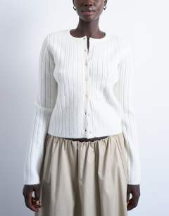 Knitted ribbed button crew cardigan in white