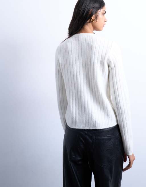 Topshop knitted ribbed button crew cardigan in white, 4 of 4