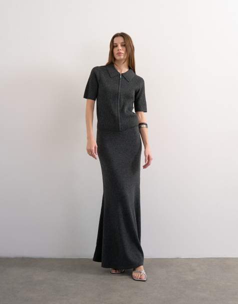 Topshop knitted ribbed co-ord skirt in charcoal