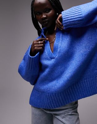Topshop knitted ribbed collar crop sweater in blue | ASOS