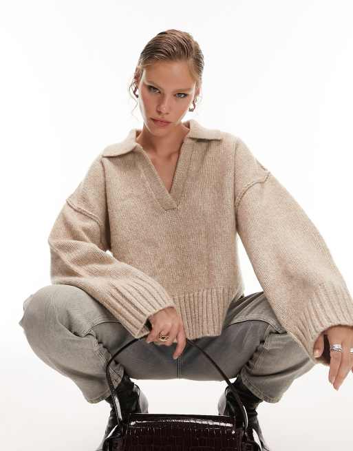 Topshop knitted ribbed collar crop sweater in oat 
