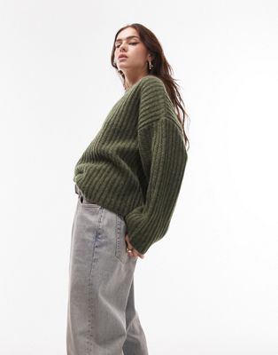 Topshop knitted ribbed crew jumper in khaki