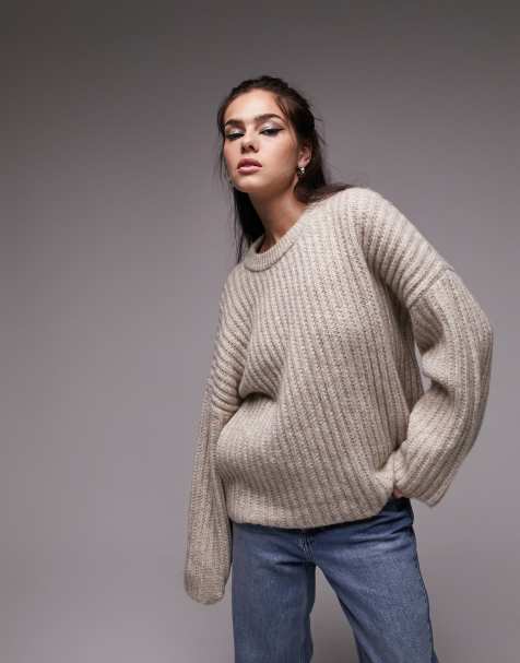 Topshop knitted ribbed crew jumper in oat - view 1