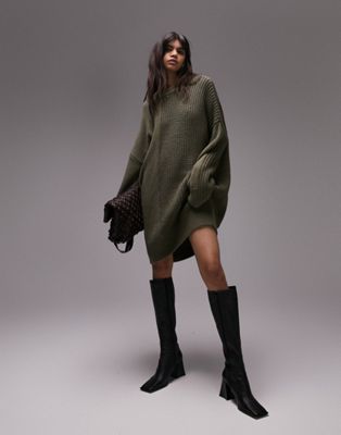 Topshop knitted ribbed crew neck dress in olive