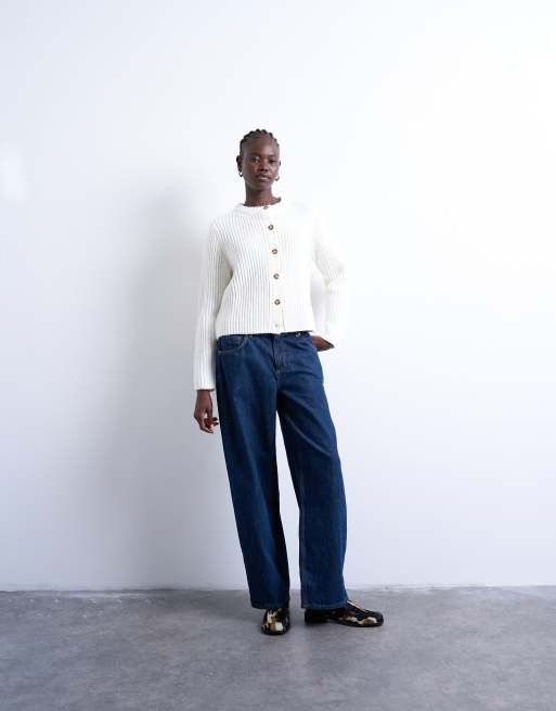 Topshop knitted ribbed crew relaxed button cardigan in white, 2 of 4