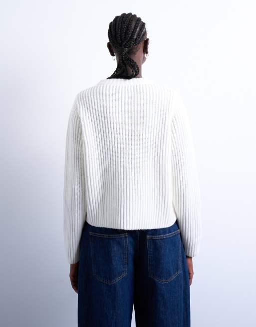 Topshop knitted ribbed crew relaxed button cardigan in white, 3 of 4