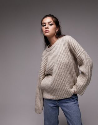 Topshop Knitted Ribbed Crew Sweater In Oat-neutral
