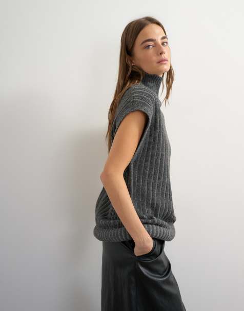 Topshop knitted ribbed funnel neck wool longline top with tube hem in coal - view 1