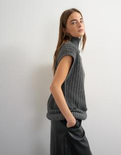 Knitted ribbed funnel neck wool longline top with tube hem in coal