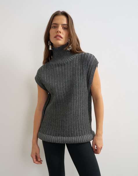 Topshop knitted ribbed funnel neck wool longline top with tube hem in coal