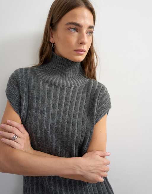 Topshop knitted ribbed funnel neck wool longline top with tube hem in coal, 2 of 4