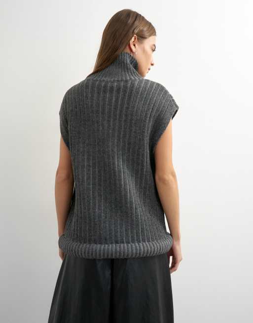Topshop knitted ribbed funnel neck wool longline top with tube hem in coal, 4 of 4