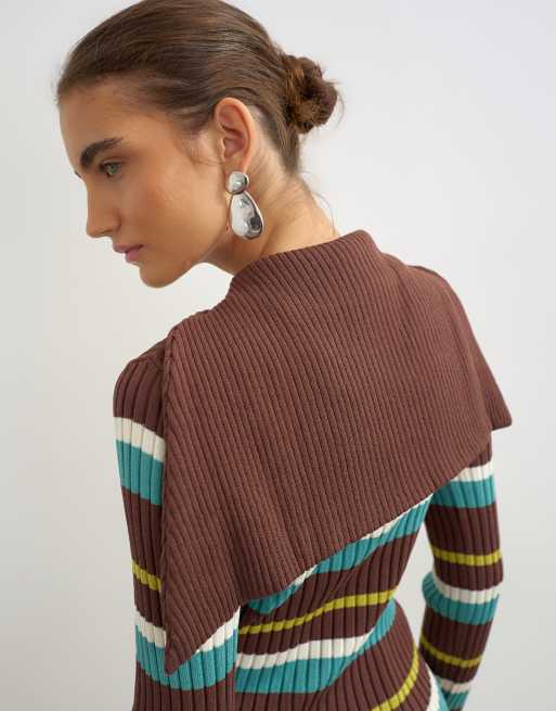 Topshop knitted ribbed long sleeve half zip funnel jumper in brown stripe, 2 of 4