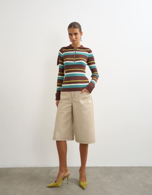 Topshop knitted ribbed long sleeve half zip funnel jumper in brown stripe, 3 of 4
