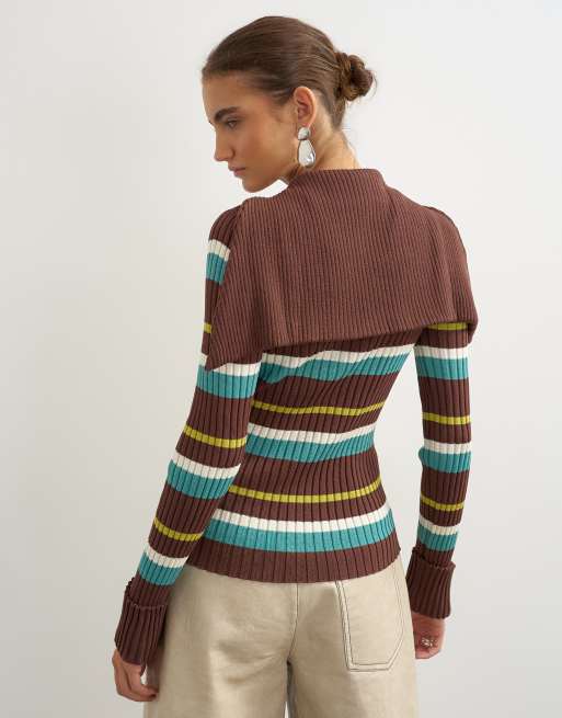 Topshop knitted ribbed long sleeve half zip funnel jumper in brown stripe, 4 of 4