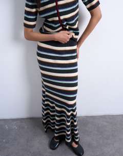 Knitted ribbed multi stripe co-ord skirt in burgundy